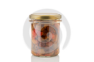 Pitted olives in glass jar