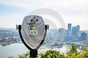 Pittsburgh city downtown aerial view from Point of view park, sunny spring day