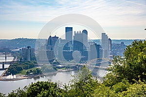 Pittsburgh city downtown aerial view from Point of view park, sunny spring day