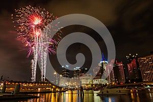 Pittsburgh downtown skyline at night with colorful firework