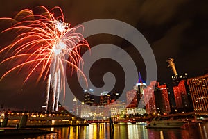 Pittsburgh downtown skyline by the river at night with colorful firework