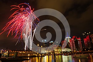 Pittsburgh downtown skyline by the river at night with colorful firework