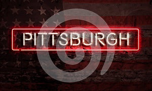Pittsburgh Neon Sign On Brick American Flag