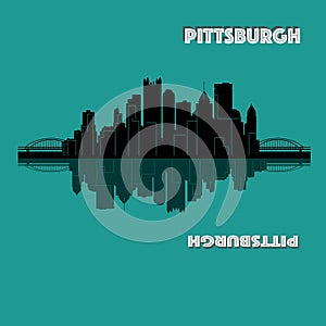 Pittsburgh, Pennsylvania skyline USA. Detailed vector silhouette, flat design, beautiful shadow, two bridges, black colour, mirror