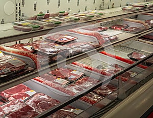 Pittsburgh, Pennsylvania, USA December 9, 2023 A meat case with various cuts of meat for sale