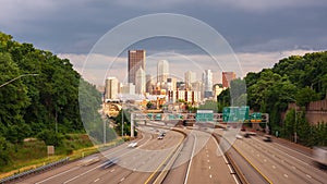 Pittsburgh, Pennsylvania, USA downtown city skyline over looking highways