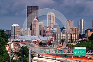 Pittsburgh, Pennsylvania, USA Downtown City Skyline Overlooking Highways