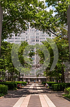 Pittsburgh, Pennsylvania, USA June 6, 2021 A tree lined sidewalk into Gateway Plaza