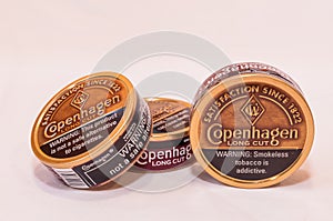 Pittsburgh, Pennsylvania, USA 2-5-21 Three cans of Copenhagen Long Cut smokeless snuff tobacco