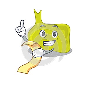 Pituitary mascot character style with a menu on his hand