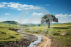 Pivotal decision point, fork in road, grass, blue sky, horizon backdrop