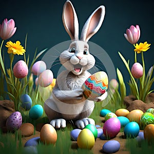 Pixar Art Style 3D Render: Adorable Fluffy Easter Bunny Surrounded by Vibrant Easter Eggs