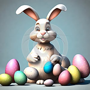 Pixar Art Style 3D Rendered: Adorable Fluffy Easter Bunny Surrounded by Vibrant Easter Eggs