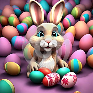 Pixar Art Style 3D Rendered: Adorable Fluffy Easter Bunny Surrounded by Vibrant Easter Eggs