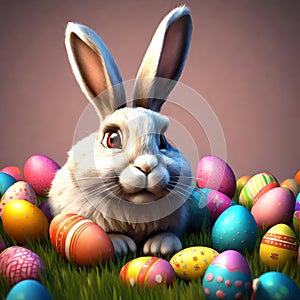 Pixar Art Style 3D Rendered Easter Bunny Surrounded by Vibrant Easter Eggs on Solid Color Background