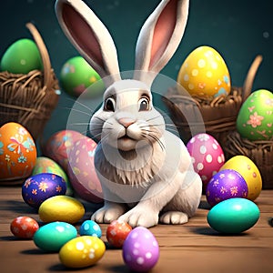 Pixar Art Style 3D Rendered Easter Bunny Surrounded by Vibrant Easter Eggs on Solid Color Background