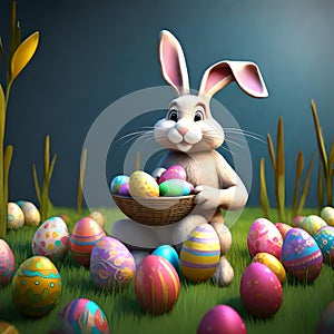 Pixar Art Style 3D Rendered Easter Bunny Surrounded by Vibrant Easter Eggs on Solid Color Background