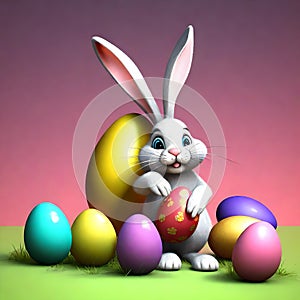 Pixar Art Style 3D Rendered Easter Bunny Surrounded by Vibrant Easter Eggs on Solid Color Background