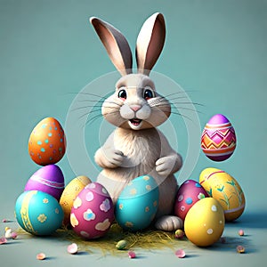 Pixar Art Style 3D Rendered Easter Bunny Surrounded by Vibrant Easter Eggs on Solid Color Background