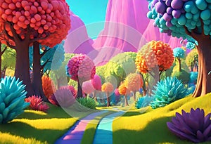 Pixar Art Style Low Poly Garden Nature Scene in Vibrant RGB Colors photo