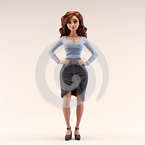 Pixar Style 3d Female Fashion Doll In Blue And Grey Skirt photo