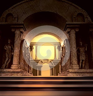 Pixel 3d render illustration of fantasy greek temple with statues