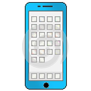 Pixel 8 bit drawn multicolored cell phone with blank app thumbnails