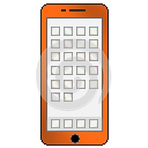 Pixel 8 bit drawn multicolored cell phone with blank app thumbnails