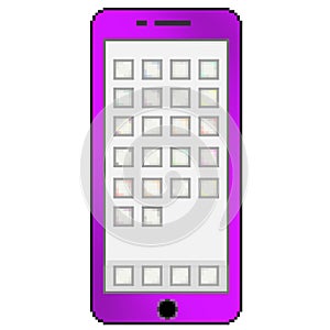 Pixel 8 bit drawn multicolored cell phone with blank app thumbnails