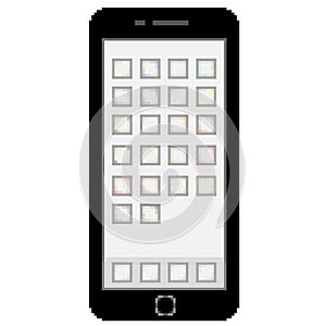 Pixel 8 bit drawn multicolored cell phone with blank app thumbnails