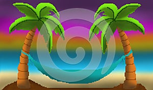 Pixel 8 bit drawn palm trees with hammock sunset on sandy beach