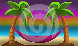 Pixel 8 bit drawn palm trees with hammock sunset on sandy beach