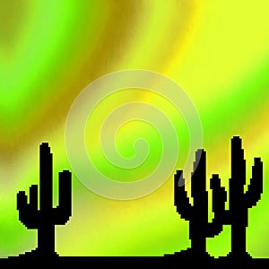 Pixel 8 bit drawn vivid desert sky with cactus foreground