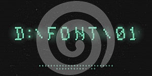 Pixel 8 bit glitch font. Green VHS letters, numbers and symbols. Retro tech distortion typography. Design for typography