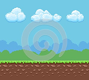 Pixel 8bit game vector background with ground and cloudy sky panorama