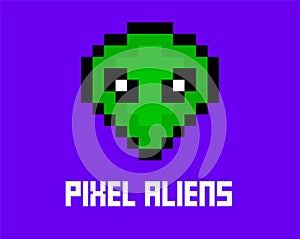 Pixel alien 8 bit art. Cosmic graphic cartoon pixel alien icon ufo alien.