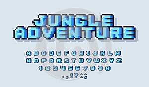 Pixel alphabet font. Retro 8-bit video game typeface design, blue oldschool typography logo letters. Vector illustration