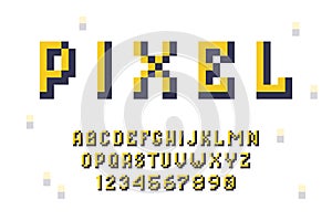 Pixel alphabet font. Retro 8-bit video game typeface design, oldschool typography letters numbers. Vector illustration