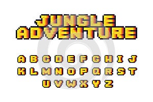 Pixel alphabet font. Retro 8-bit video game typeface design, oldschool typography logo letters. Vector illustration