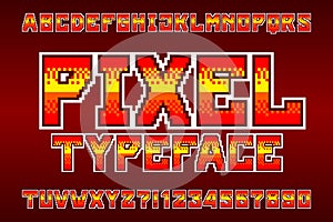 Pixel alphabet typeface. Digital gradient bright letters and numbers.