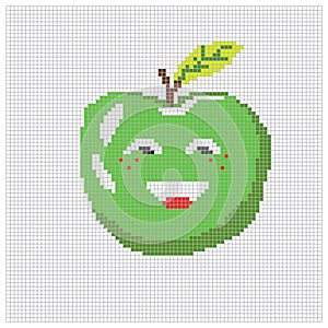 Pixel apple fruit for puzzles, games or cross stitch designs. Pixelated style 8 bit icon large scale isolated on white