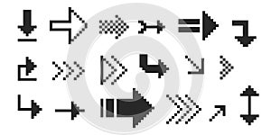 Pixel arrow set. Pixel art different directions 8 bit gaming console style sign. Interface icon. Collection