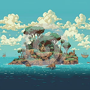 Pixel art 2D anime island, created with Generative AI Technology