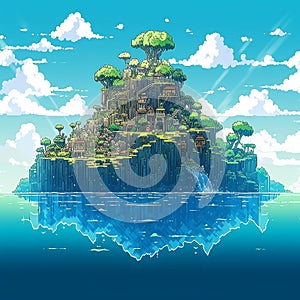 Pixel art 2D anime island, created with Generative AI Technology