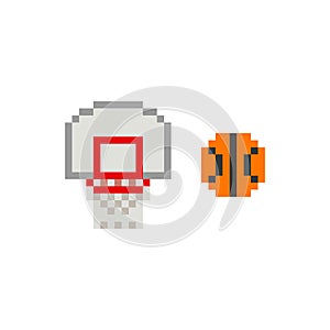 Pixel art 8-bit basketball ring with ball on white background - isolated vector illustration