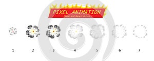 Pixel art 8 bit fire objects. Game icons set. Comic boom flame effects. Bang burst explode flash dynamite with smoke