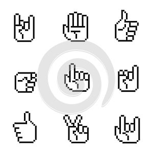 Pixel art 8 bit hands icons and gestures signs set