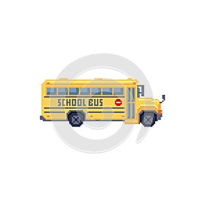 Pixel art 8 bit illustration - yellow children school bus isolated