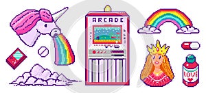Pixel art 8 bit objects. Character Pony Cloud Rainbow Unicorn Princess. Retro digital game assets. Pink fashion icons