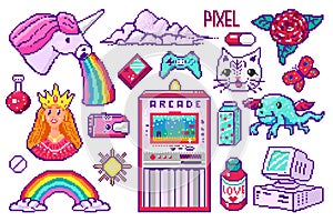 Pixel art 8 bit objects. Retro digital game assets. Set of Pink fashion icons. Vintage girly stickers. Arcades Computer